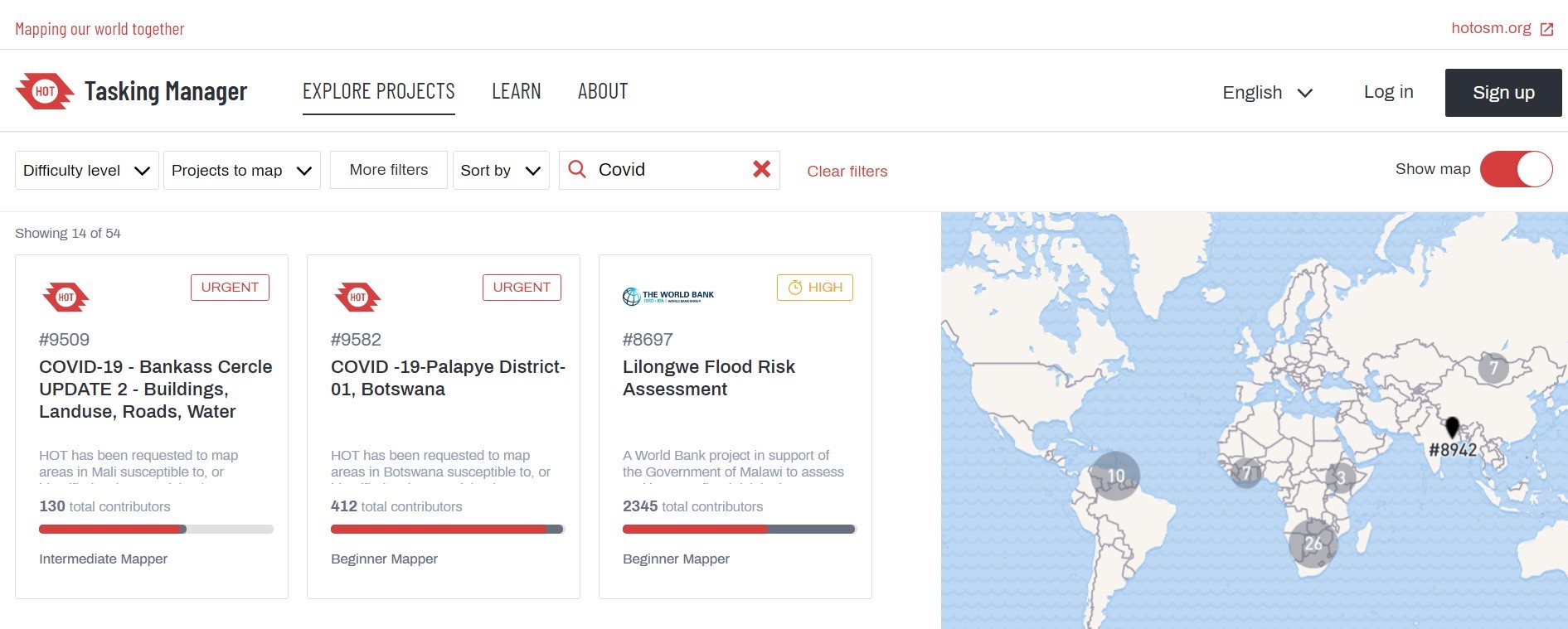 Alt: Screenshot of the Humanitarian OpenStreetMap Team Tasking manager, showing options for mapping in response to disaster