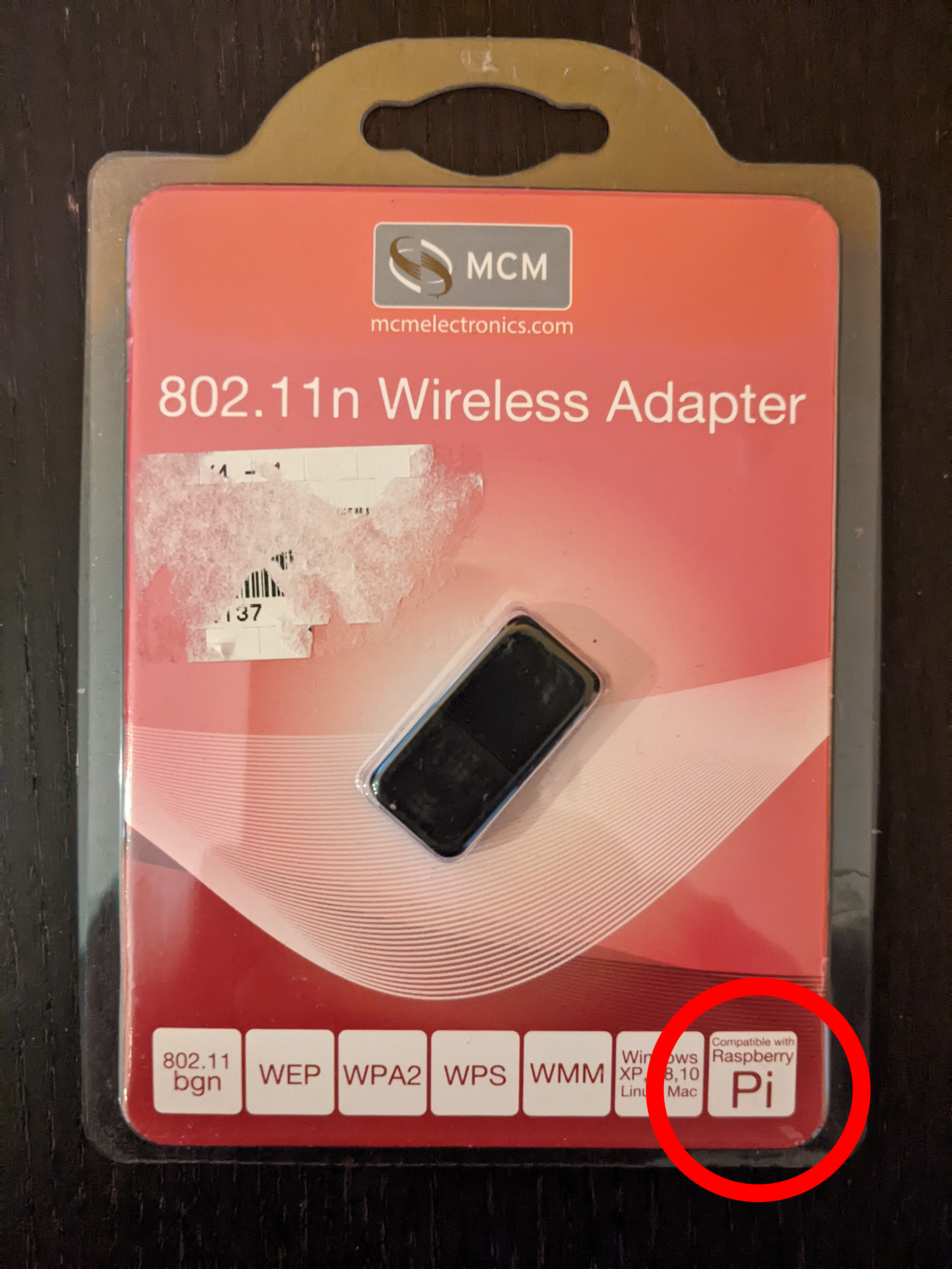 The wireless adapter that worked. I found it in the Maker section at MicroCenter. I’ve circled how I knew this one would be good