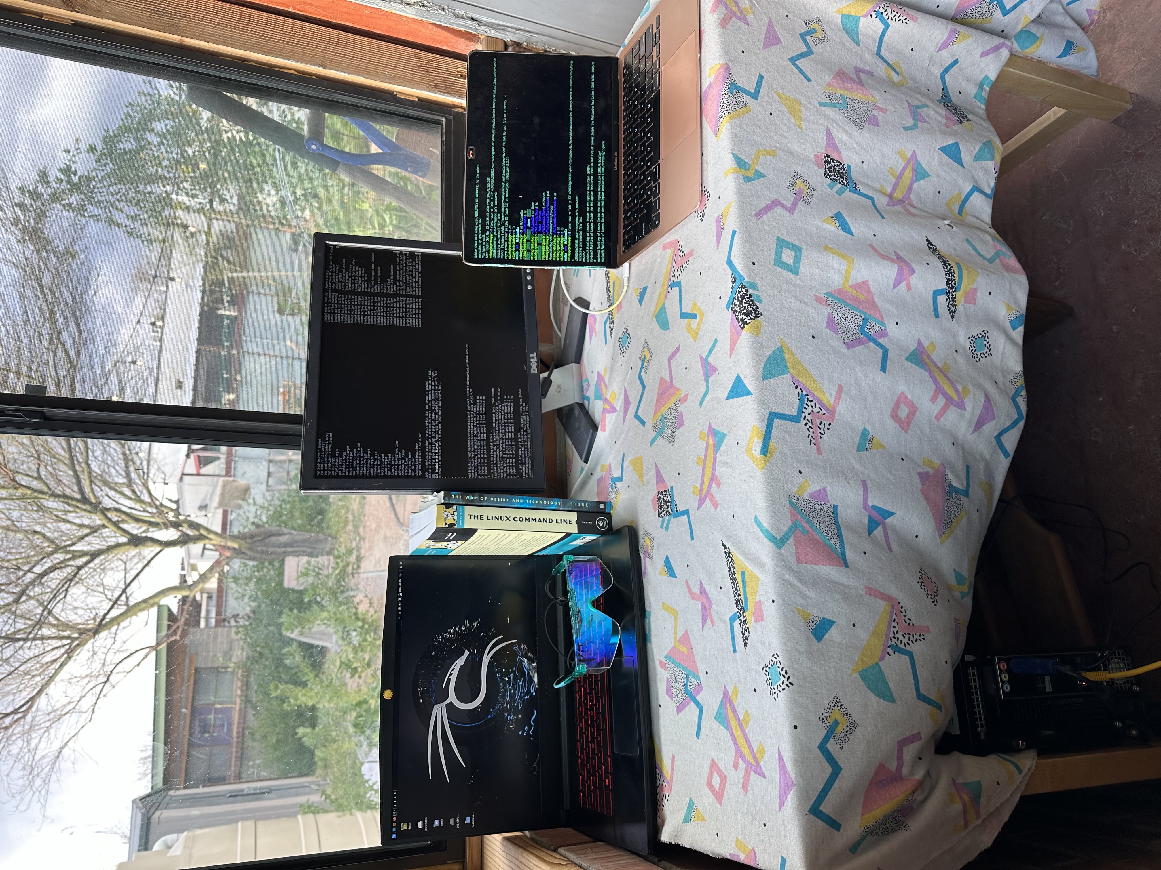 The station where I worked on the Dell server (under the desk) feat. the dorky blue light glasses kindly lent to me by a friend that saved me when I had a week long eye twich from staring at the three screens at a time