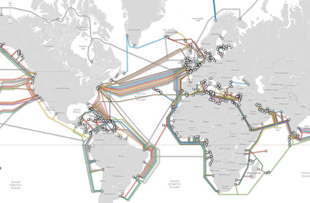 A world map displays undersea cable routes connecting different continents. The cables are color-coded, and landing points are marked along the coasts.