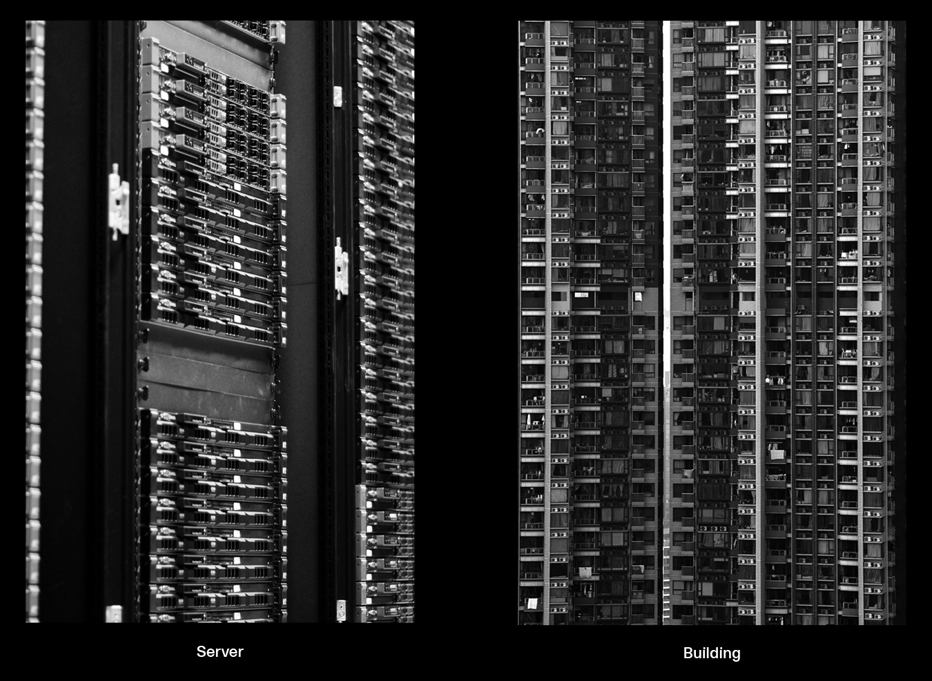 The black-and-white image contrasts a close-up of a densely packed server rack on the left with an exterior view of a densely populated high-rise building on the right.