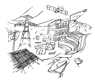 A black and white sketch depicts a collage of technological elements including a satellite, solar panels, electrical power lines, servers, computer screens, and satellite dishes, with a mountain range in the background.