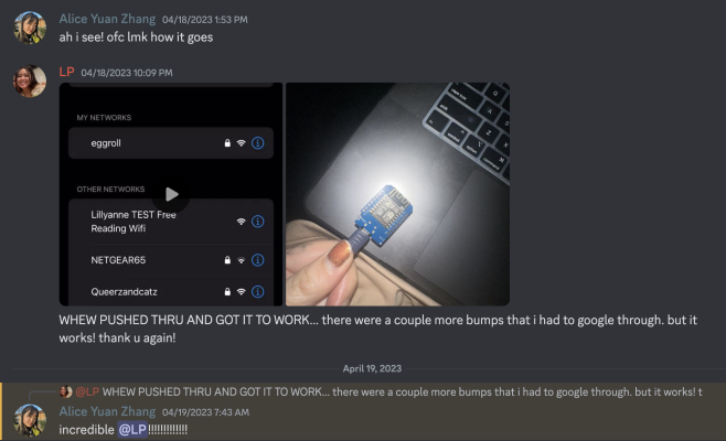 A series of chat messages discussing a successful technical setup with images of Wi-Fi networks and a hand holding an electronic module connected to a laptop.