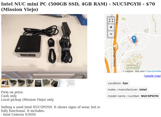 Alt text: "A used Intel NUC mini PC with 500GB SSD and 4GB RAM, along with the power adapter, power cord, and two additional cables, is for sale for $70 in Mission Viejo, as shown in a classified advertisement."