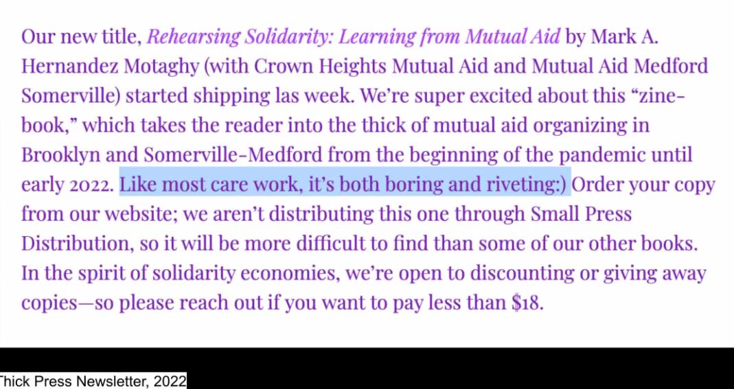 The image is a newsletter excerpt that discusses the new title "Rehearsing Solidarity: Learning from Mutual Aid" by Mark A. Hernandez Motaghy, describes it as a "zine-book" that explores mutual aid organizing in Brooklyn and Somerville-Medford, and notes it is available for purchase on their website.