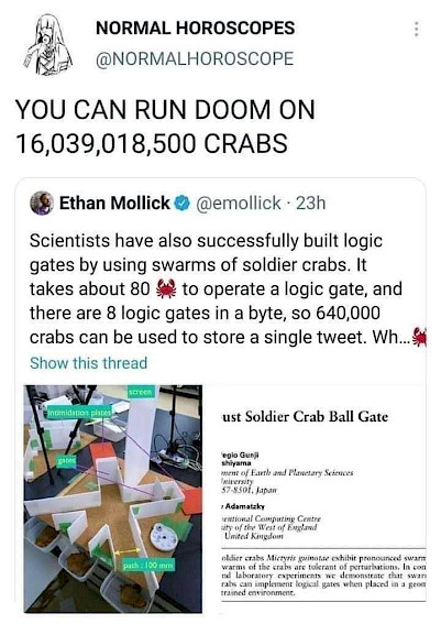 A humorous social media post explaining that 16,039,018,500 crabs are needed to run the game Doom, with an additional tweet stating that scientists have built logic gates using soldier crabs, needing 80 crabs per gate.