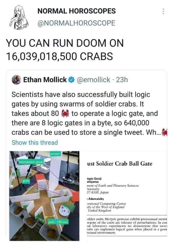 A humorous social media post explaining that 16,039,018,500 crabs are needed to run the game Doom, with an additional tweet stating that scientists have built logic gates using soldier crabs, needing 80 crabs per gate.