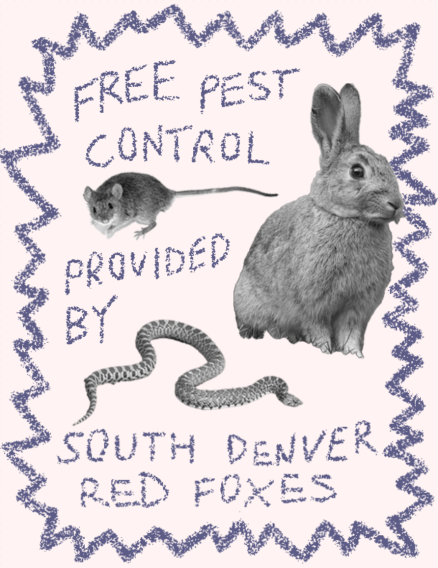 A poster with a border of blue zigzag lines features images of a mouse, a rabbit, and a snake, with the text, "FREE PEST CONTROL PROVIDED BY SOUTH DENVER RED FOXES."