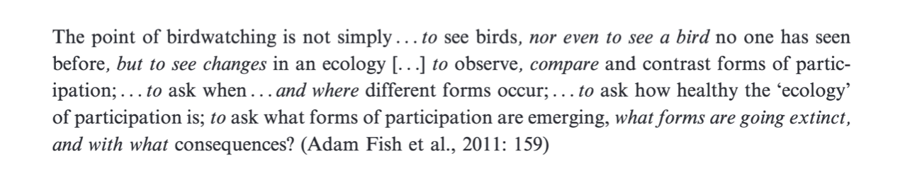 A text excerpt from Adam Fish et al., 2011, discussing the point of birdwatching as observing ecological changes, comparing participation forms, and questioning the emergence, extinction, and consequences of different participation types.