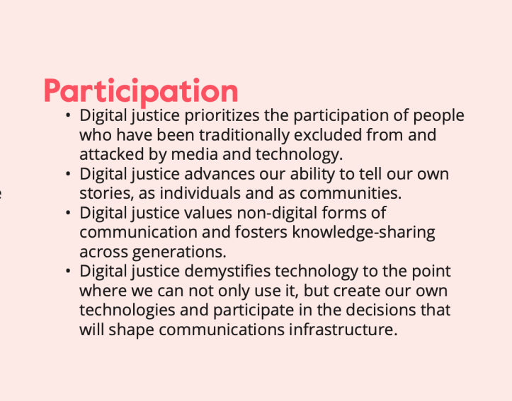 An informational image titled "Participation" outlines the principles of digital justice, highlighting participation of marginalized communities, storytelling, valuing non-digital communication, and demystifying technology.