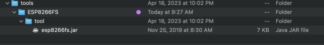 A screenshot of a file explorer showing three nested folders named "tools," "ESP8266FS," and "tool," containing a Java JAR file named "esp8266fs.jar" with a size of 7 KB dated November 25, 2019.