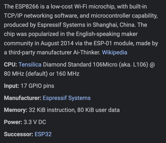 Image showing detailed specifications for the ESP8266 Wi-Fi microchip, including its CPU (Tensilica Diamond Standard 106Micro), inputs (17 GPIO pins), manufacturer (Espressif Systems), memory (32 KiB instruction, 80 KiB user data), power requirements (3.3 V DC), and successor (ESP32).