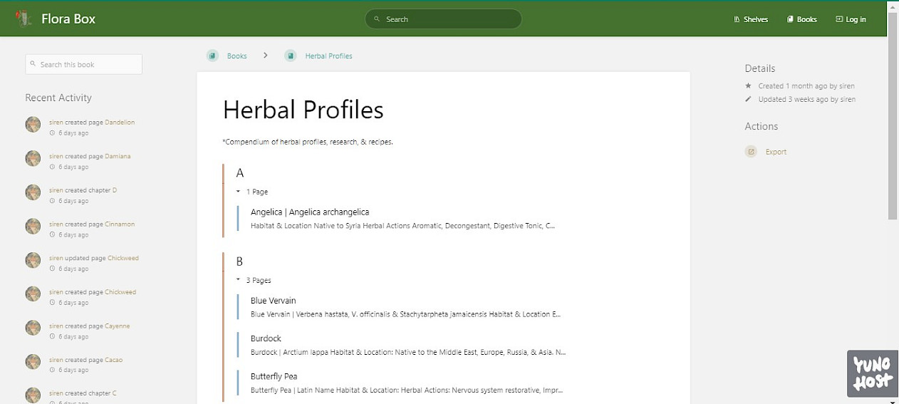 A screenshot of a webpage titled "Herbal Profiles" from Flora Box, featuring a compendium of herbal profiles, research, and recipes, with a sidebar showing recent activity and a list of herbs with their respective details under headings A and B.