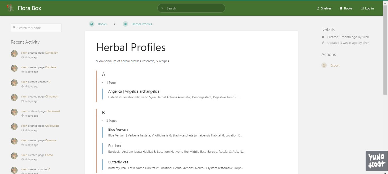 A screenshot of a webpage titled "Herbal Profiles" from Flora Box, featuring a compendium of herbal profiles, research, and recipes, with a sidebar showing recent activity and a list of herbs with their respective details under headings A and B.