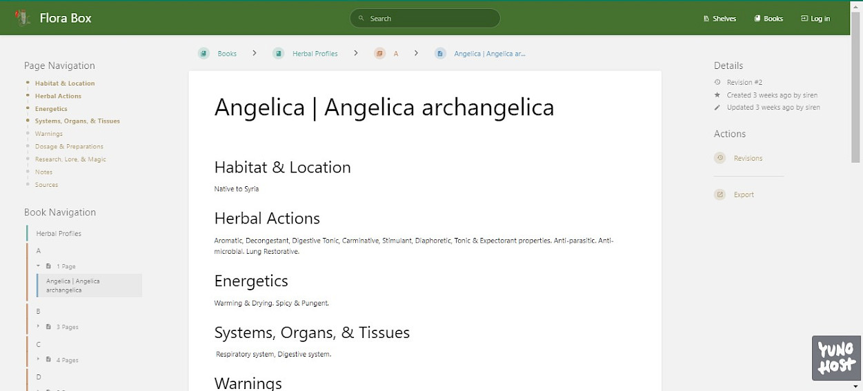 A digital page from a herbal profile application titled "Flora Box" displays detailed information about "Angelica archangelica," including its habitat, herbal actions, energetics, systems affected, and warnings, with navigation menus on the left and top sections and action buttons on the right.