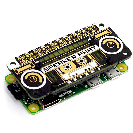 A compact electronic board labeled "Speaker PHAT" with speaker symbols and LED indicators is mounted on a Raspberry Pi.