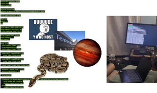 A collage featuring green text snippets, a "Y U NO" meme with "DUUUUDE Y U NO HOST," a sign that reads "Terminal," an image of a planet, a coiled snake, and a person working on a computer setup with multiple screens displaying code.