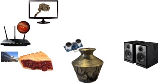 The image features a collection of miscellaneous objects including a monitor displaying a brain, a planet, a Wi-Fi router, a slice of pie, a plane taking off, an electronic sensor, a vase, and two speakers.