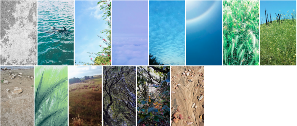 A collage of fifteen images depicting various outdoor scenes including cracked ground, water, clear sky, clouds, trees, grass, and sand.