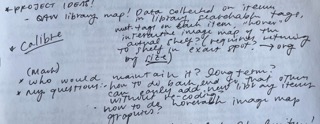 Handwritten notes about a project discussing library data collection, maps, calibration, and maintenance questions.