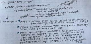 Handwritten notes under the heading "Solidarity Infra!" with various points on project considerations, internet control, material threat, and the use of internet as a publishing tool.