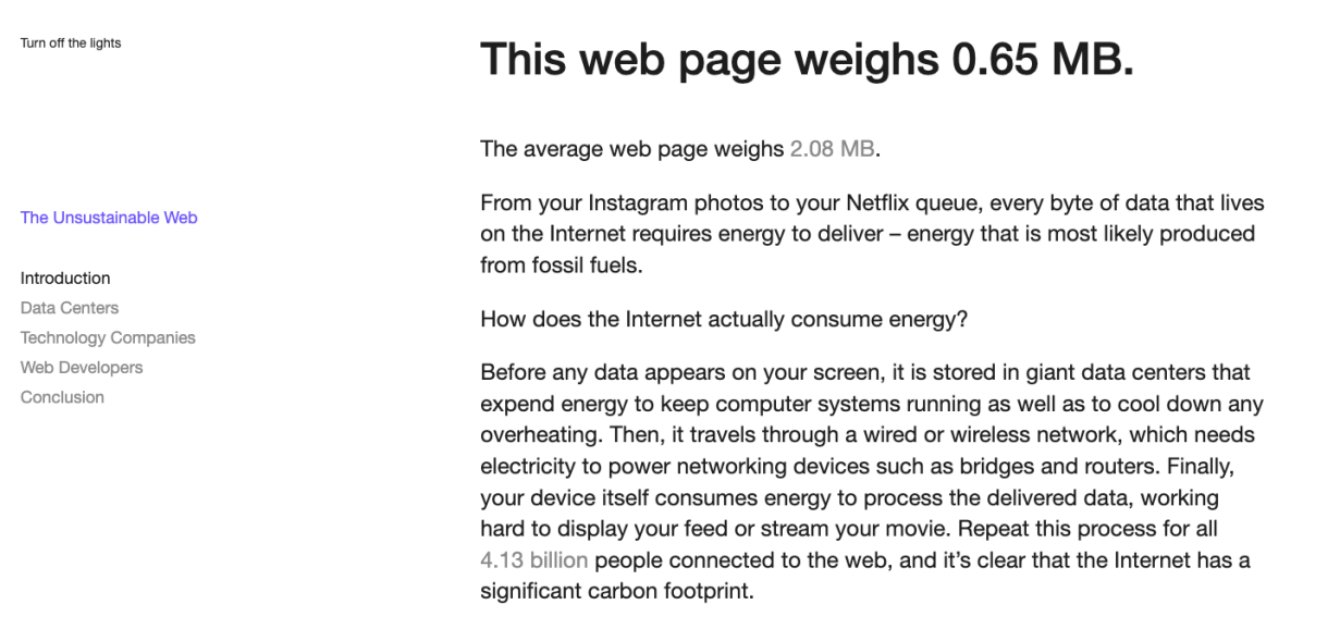 Screenshot of a web page titled "This web page weighs 0.65 MB," discussing the energy consumption and carbon footprint of internet data, with a table of contents on the left listing sections such as Introduction, Data Centers, Technology Companies, Web Developers, and Conclusion.