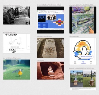 A collage of multiple images arranged in a 3x3 grid, featuring various subjects including a vintage photo of people reading newspapers, a computer screen showing a virtual meeting, a hand pointing at a map, a concept drawing, an ancient gravestone, a logo with a sun and sailboat, a fantasy character on a grassy field, a stack of balanced stones, and a small roadside library.