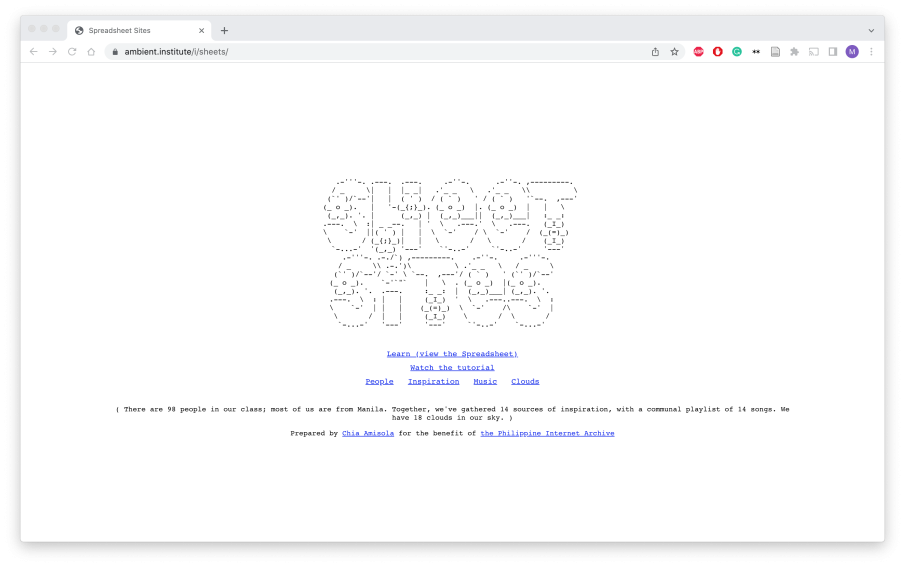 A minimalist webpage titled "Sheet Sites" in ASCII art, with links to a spreadsheet, tutorial, and other resources, and a note about a class project with details prepared by Chia Amisola for the Philippine Internet Archive.