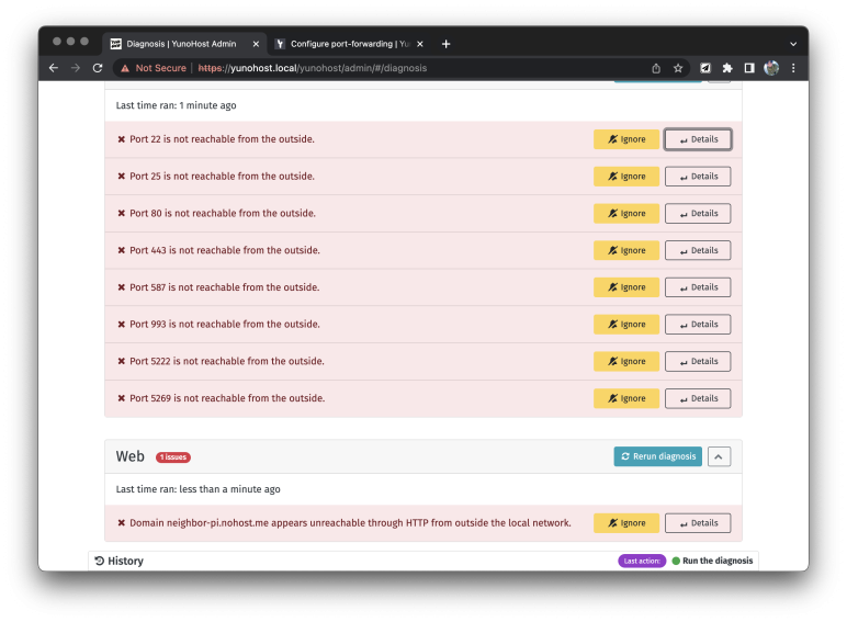 A diagnostic screen from YunoHost Admin is showing multiple ports (22, 25, 80, 443, 587, 993, 5222, 5269) as not reachable from the outside, with an additional web issue indicating that the domain "neighbor-pi.nohost.me" is unreachable through HTTP from outside the local network.