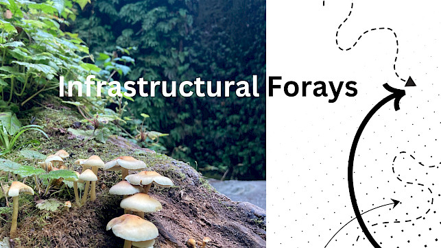 The image, titled "Infrastructural Forays," features mushrooms growing on a mossy surface in a forest. The right side has abstract black dashed lines and arrows on a white background, with the title text overlaid.