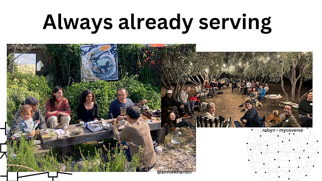 The image is titled "Always already serving" and features:      On the left, a group of people sitting outdoors around a table, sharing a meal or tea in a garden setting.     On the right, a larger group of people gathered at night under string lights in a grove of trees, seated in a circle and engaging in conversation.     In the bottom right corner, a network diagram labeled "robyn - mycoverse" and a photo credit to @anniewharton.