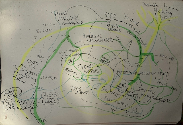 The image displays a hand-drawn mind map with various interconnected terms and concepts. Some of the key terms include MYCOLOGY CONVERGENCE, NAVAL ASSEMBLY, NEW MOON MYCOLOGY, SEEDS OF RADICAL RENEWAL, SOLIDARITY INFRASTRUCTURES, and TRUST SUPPORT. There are also phrases like Lost & Disrupted, Desirable livable thriving future,  and School of the Alternative.  Green and yellow lines connect these terms, creating a web-like structure that suggests relationships and pathways between the concepts. Additional words and phrases, such as tea, BLM, Cyborg Support, and Phytomycoremediation Study, are scattered throughout the map.