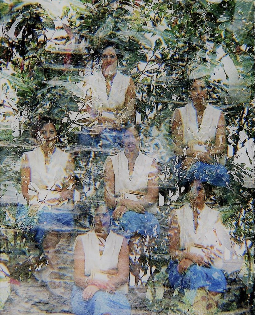 photoshopped image of a woman sitting with blue pants copied six times in front of plants with a bit of a haze