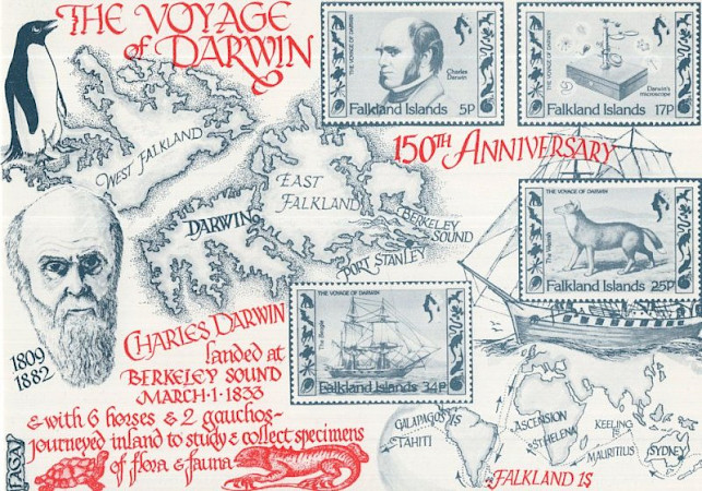 A commemorative illustration titled "The Voyage of Darwin" with maps of the Falkland Islands and portraits of Charles Darwin. The image includes stamps, a drawing of Darwin, and text detailing his landing at Berkeley Sound on March 1, 1833, for the 150th anniversary, along with references to his studies of flora and fauna.