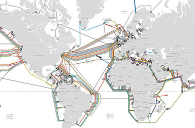 A world map displays undersea cable routes connecting different continents. The cables are color-coded, and landing points are marked along the coasts.