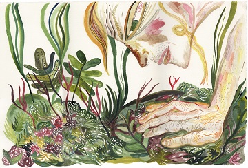 An artistic illustration of a person leaning close to a collection of plants, with their face and hands prominently shown. The plants are colorful and varied.