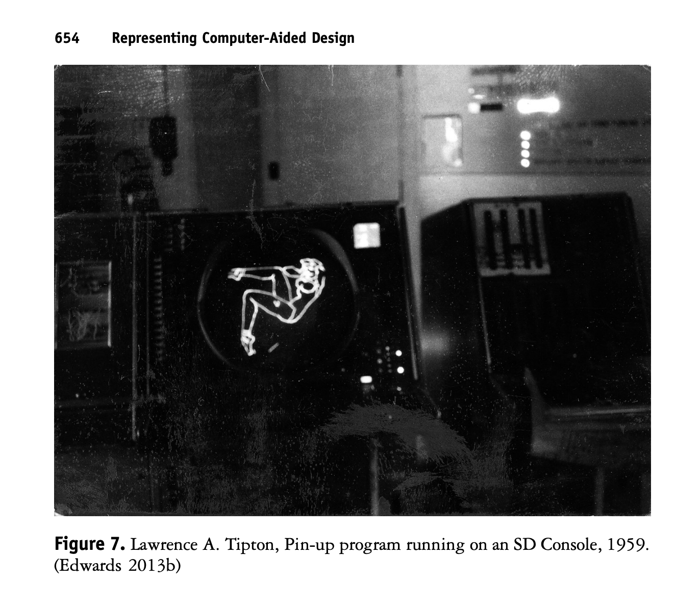 A black-and-white image shows a pin-up program on an SD Console from 1959, depicting a line-art figure of a woman.