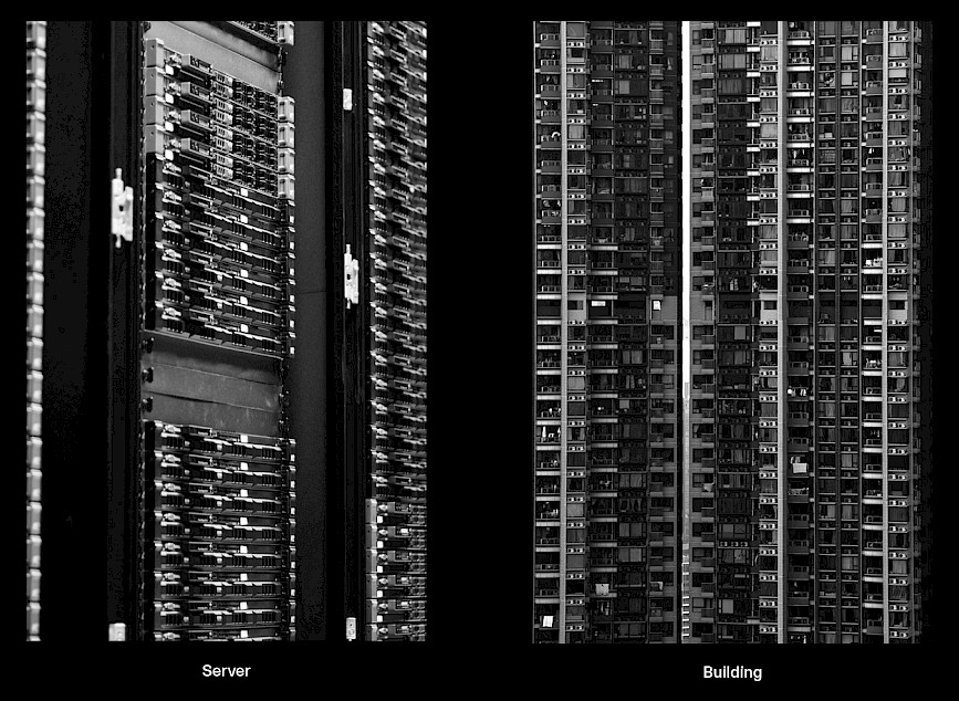 The black-and-white image contrasts a close-up of a densely packed server rack on the left with an exterior view of a densely populated high-rise building on the right.