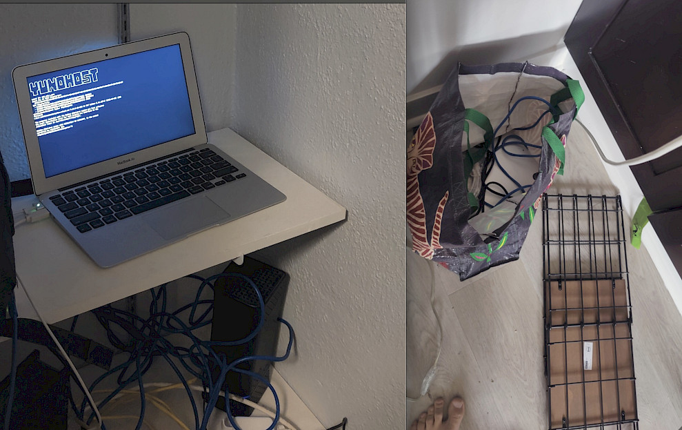 A laptop displaying a "YUNOHOST" screen is placed on a small shelf next to a wall, with numerous cables and a bag filled with cables on the floor nearby.