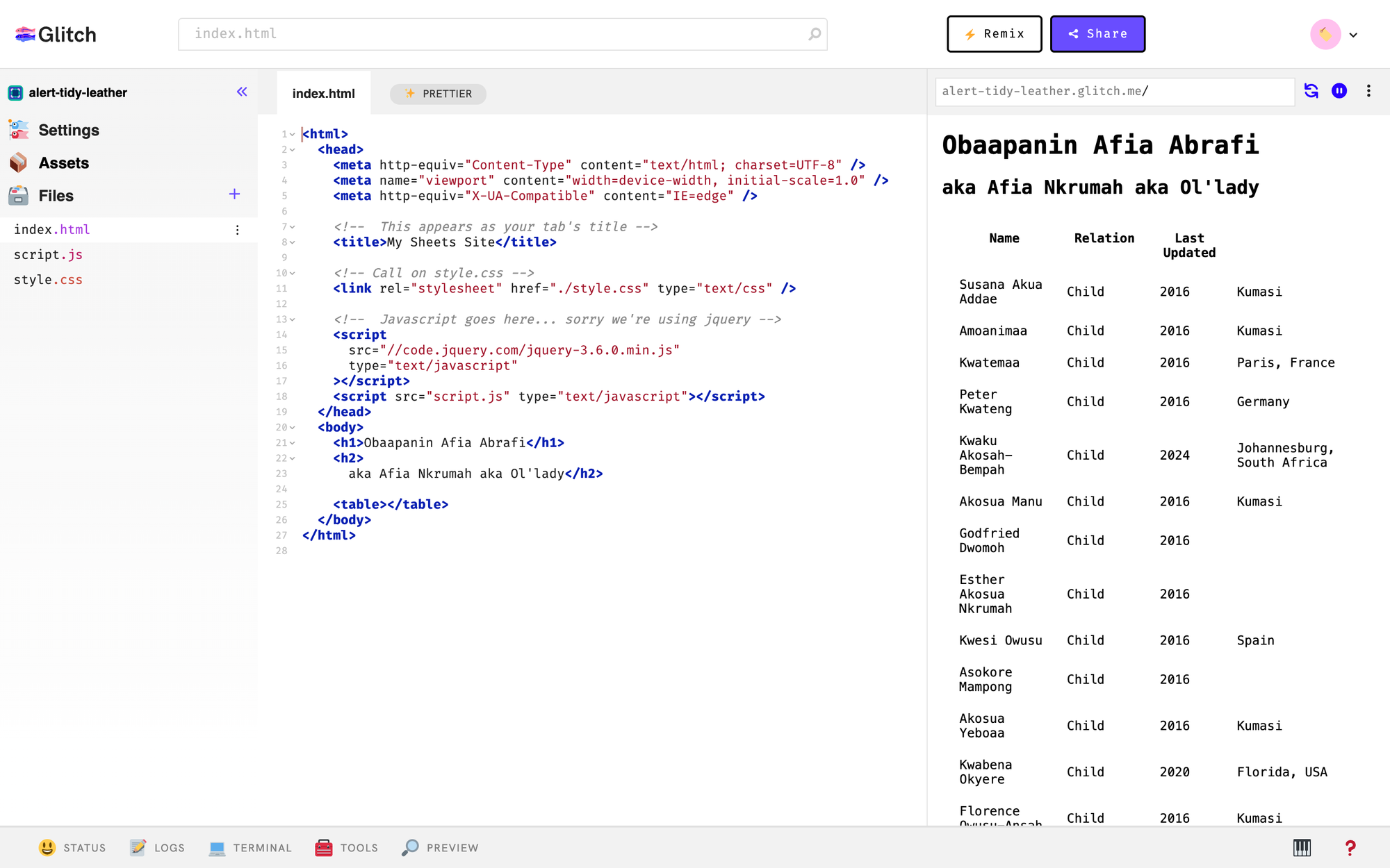 Screenshot of a coding environment on Glitch showing an HTML file on the left side and its preview on the right side, displaying a family tree titled "Obaapanin Afia Abrafi" with various family members listed and their details.