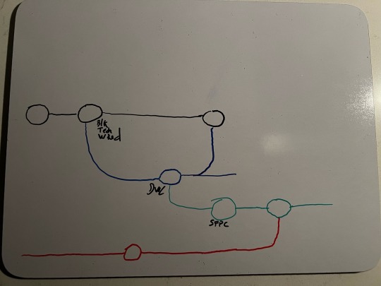 A whiteboard displays a hand-drawn diagram with connected circles and lines in black, blue, red, and green, some labeled with text like "SPEE," "DNC," and "blk tea w/ wd."