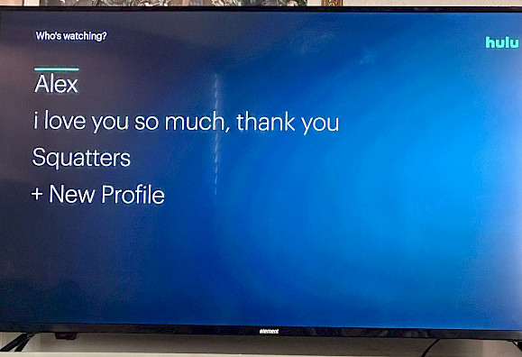 A television screen displaying a Hulu profile selection menu with the options: Alex, i love you so much, thank you, Squatters, and + New Profile.