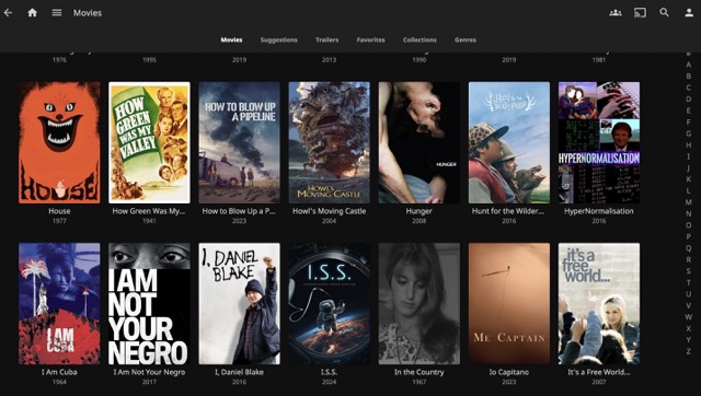 A user interface displaying a grid of movie posters with titles including "House," "How Green Was My Valley," "How to Blow Up a Pipeline," "Howl's Moving Castle," "Hunger," "Hunt for the Wilderpeople," "HyperNormalisation," "I Am Cuba," "I Am Not Your Negro," "I, Daniel Blake," "I.S.S.," "In the Country," "Io Capitano," and "It's a Free World."